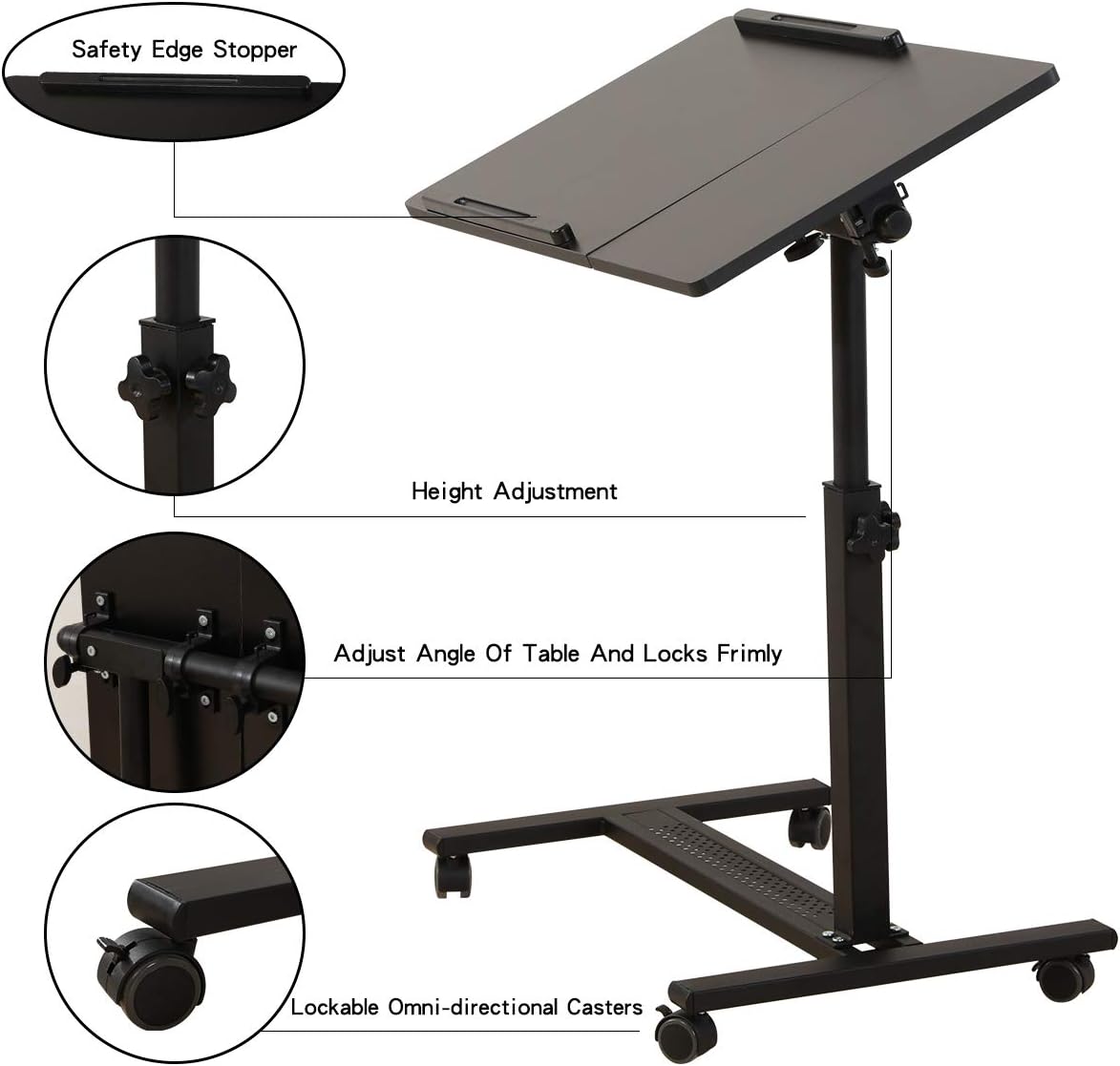 TigerDad Over Bedtable with Wheels Adjustable | Rolling Laptop Table Overbed Desk Hospital Tray Sofa Chair Side Table for Home Office (Black)