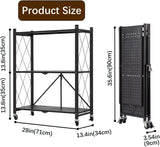 3-Tier Foldable Storage Shelf with Wheels - Metal Collapsible Shelving Unit Display, Rolling Cart for Books Kitchen Storage Shelves - Black