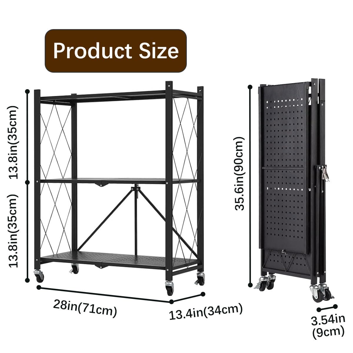 3-Tier Foldable Storage Shelf with Wheels - Metal Collapsible Shelving Unit Display, Rolling Cart for Books Kitchen Storage Shelves - Black
