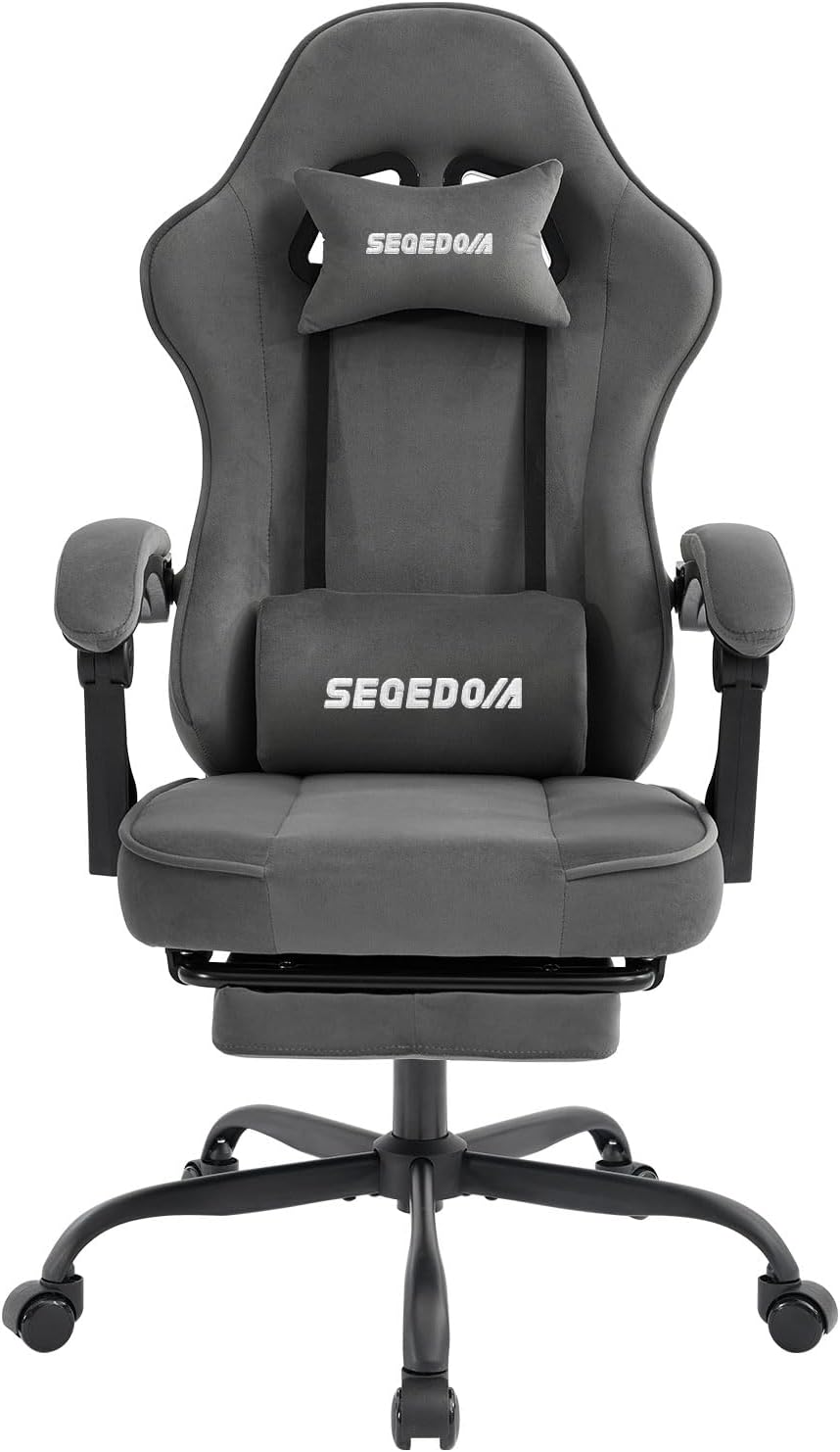 segedom Gaming Chair Technology Fabric Computer Chair with Pocket Spring Cushion, Comfortable Ergonomic Gamer Chair for Adults, Massage Game Chair with Footrest,Reclining Chair, Home,Office,Teens,Grey