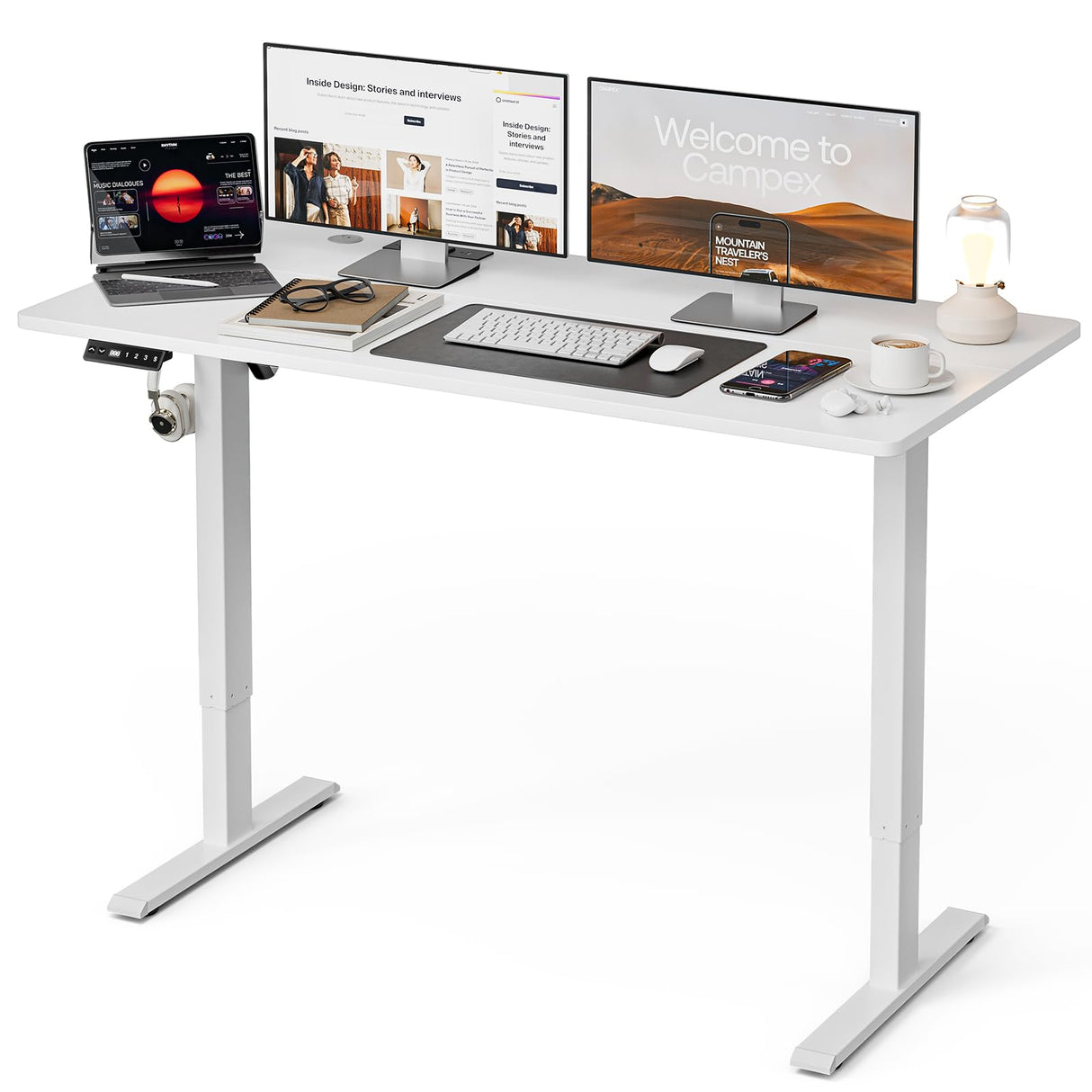 UMOMO 120 x 60cm Electric Standing Desk, Height Adjustable Sit Stand Desk with Splice Board, Workstation Computer Desk with Cable Management for Home Office (White Top White Frame)