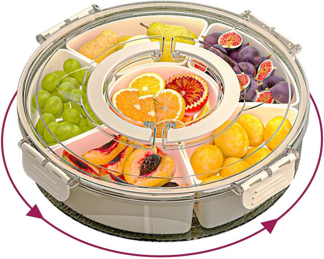 IRONA Portable Spinnable Snackle Box Container, Divided Dishes, Trays & Platters,Divided Rotating Serving Tray with Lid and Handle for Veggie, Fruit, Candy, Nuts, Divided Serving Platter