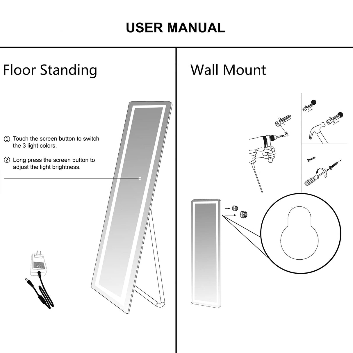 LED Full Length Mirror, 160 x 50 cm Floor Mirror with Lights, Wall Mounted Lighted Mirror, Free Standing Mirror, Dressing Body Mirror, 3 Color Lighting & Dimmable Brightness