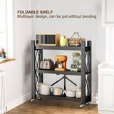 3-Tier Foldable Storage Shelf with Wheels - Metal Collapsible Shelving Unit Display, Rolling Cart for Books Kitchen Storage Shelves - Black