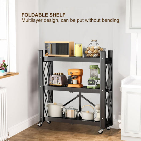 3-Tier Foldable Storage Shelf with Wheels - Metal Collapsible Shelving Unit Display, Rolling Cart for Books Kitchen Storage Shelves - Black