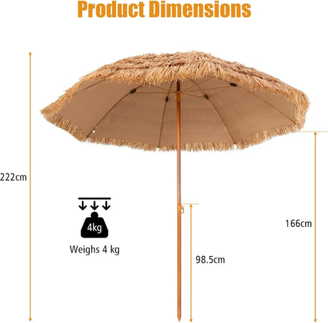 Costway 8 FT Thatched Tiki Umbrella, Hawaiian Style Outdoor Hula Umbrella w/8 Metal Ribs, 7-Tier Straw Top, Press Button, Portable Palapa Tropical Umbrella for Beach, Yard, Poolside, Natural …