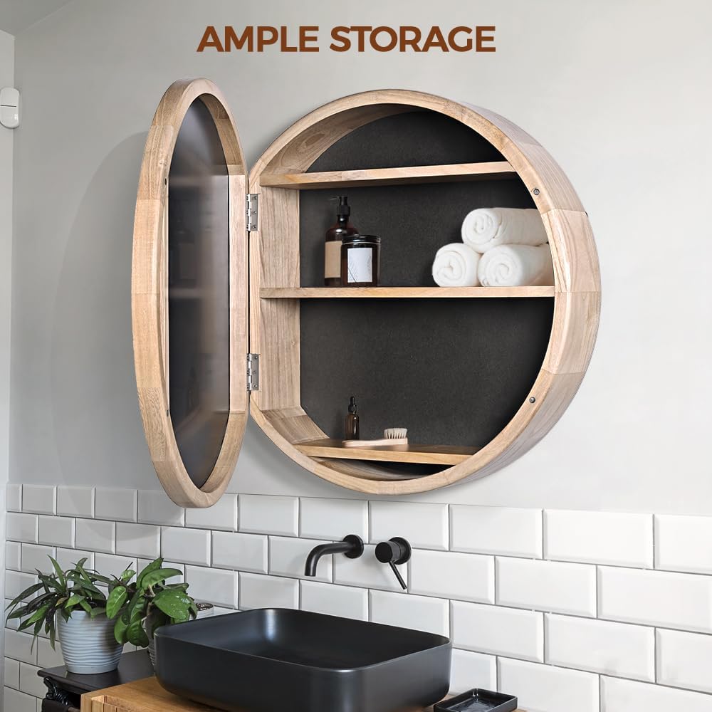 Simplus Round 600MM Bathroom Mirror Cabinet with Glass Door Shower Shaving Cupboard Wall Mounted Medicine Vanity Storage Shelves (Oak)