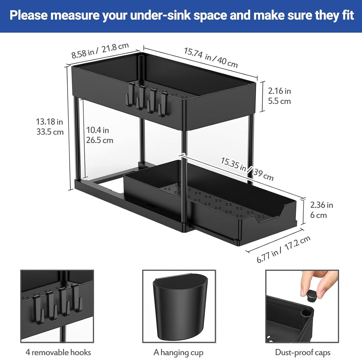 Puricon 1 Pack Under Sink Organizers and Storage Pull Out Sliding Drawer, 2 Tier Multi-Purpose Kitchen Under The Sink Organizer Under Bathroom Sink Shelf Storage Rack for Countertop Laundry -Black