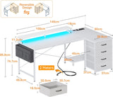 ODK L Shaped Computer Desk with Monitor Stand 140x80cm,Reversible Corner Gaming Desk with LED Lights & Power Outlets& Storage Drawers,for Home Office Writing Study,140 * 80 * 89cm,White