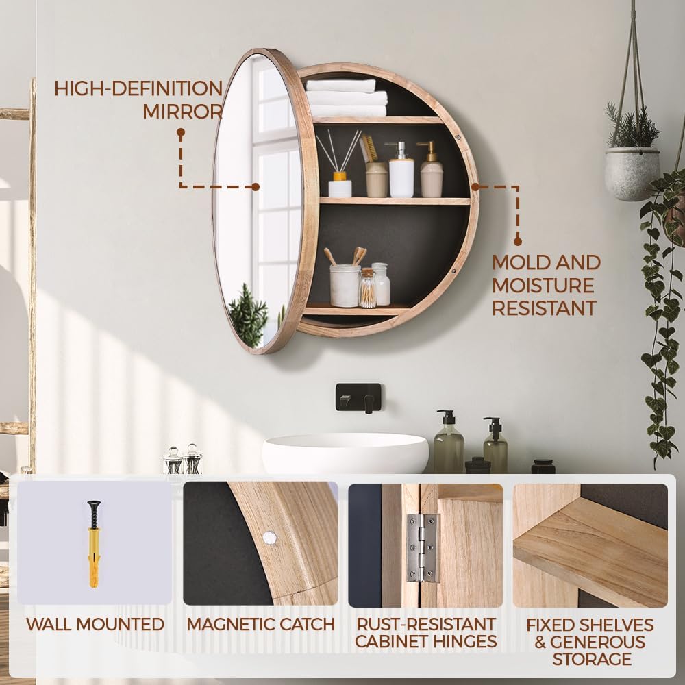 Simplus Round 600MM Bathroom Mirror Cabinet with Glass Door Shower Shaving Cupboard Wall Mounted Medicine Vanity Storage Shelves (Oak)