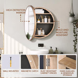 Simplus Round 600MM Bathroom Mirror Cabinet with Glass Door Shower Shaving Cupboard Wall Mounted Medicine Vanity Storage Shelves (Oak)
