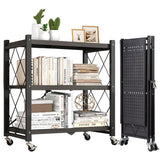 3-Tier Foldable Storage Shelf with Wheels - Metal Collapsible Shelving Unit Display, Rolling Cart for Books Kitchen Storage Shelves - Black