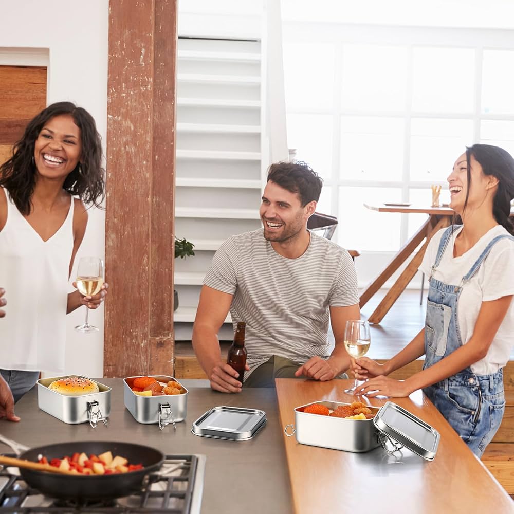 4 Pcs Stainless Steel Bento Box 550ml Metal Lunch Box Food Storage Containers Metal Lunch Container, Lockable Clips to Leak Proof, Reusable Dishwasher Safe Lunch Snack Boxes for Work, School