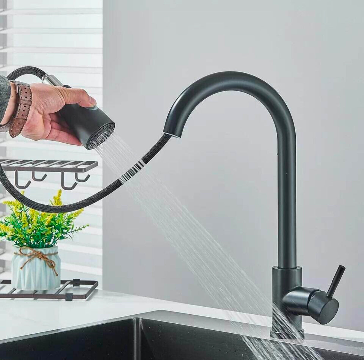 WELS Kitchen Mixer Tap Black 360° Pull Out 2-Mode Spray Laundry Sink Faucet