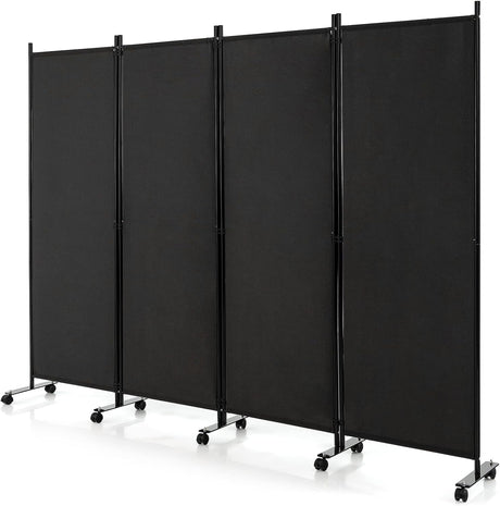Giantex 4-Panel Folding Room Divider, 1.73m Rolling Privacy Screen with Lockable Wheels, Portable Wall Divider and Separator, Freestanding Privacy Protection for Living Room, Bedroom, Office (Black)