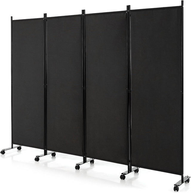 Giantex 4-Panel Folding Room Divider, 1.73m Rolling Privacy Screen with Lockable Wheels, Portable Wall Divider and Separator, Freestanding Privacy Protection for Living Room, Bedroom, Office (Black)