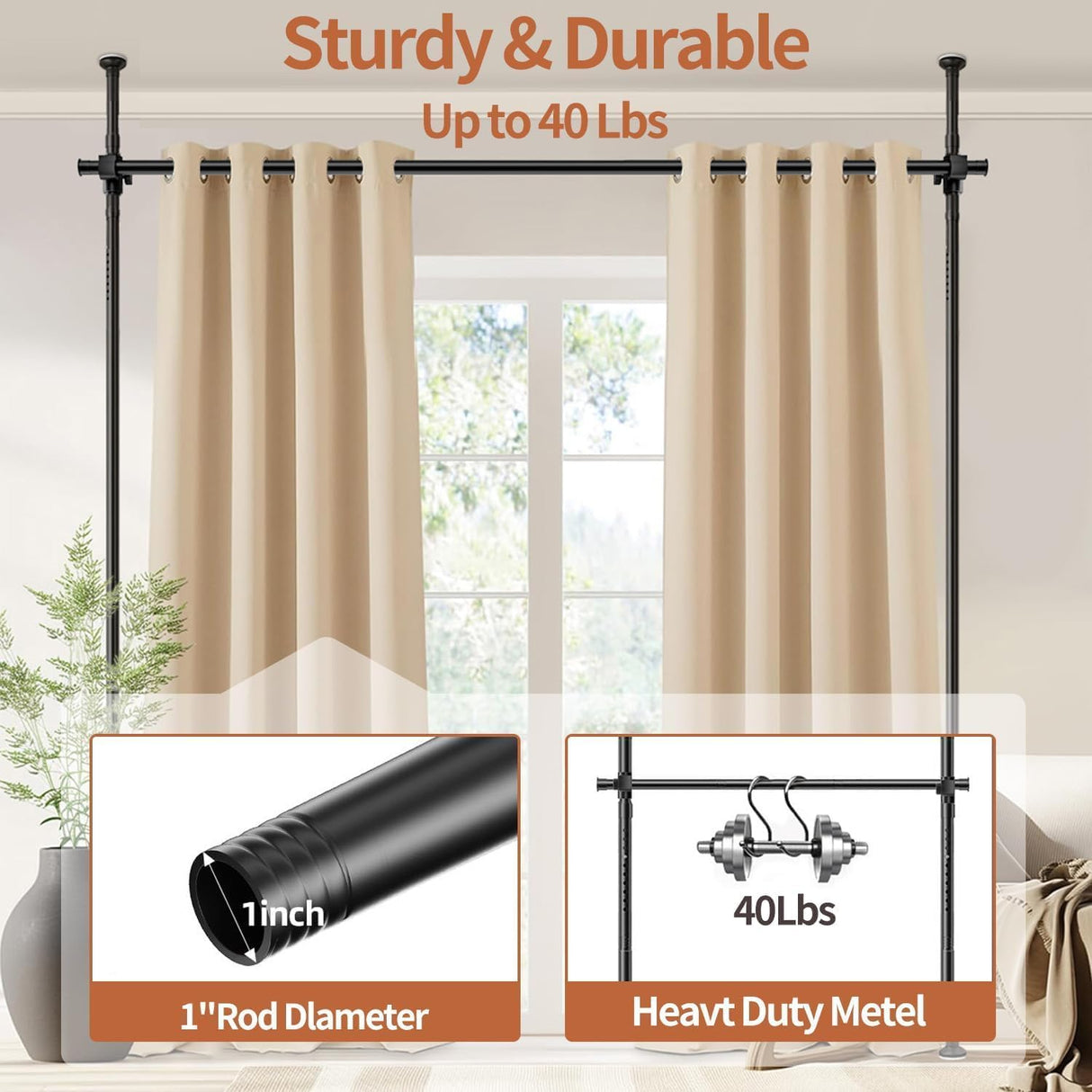 Dsocool Room Divider Curtain Rod, No Drilling Room Separator for Space Partition Adjustable 122-305cm(H) 70-177cm(W) Heavy Duty Temporary Wall Divider Floor to Ceiling Tension Rod, Black