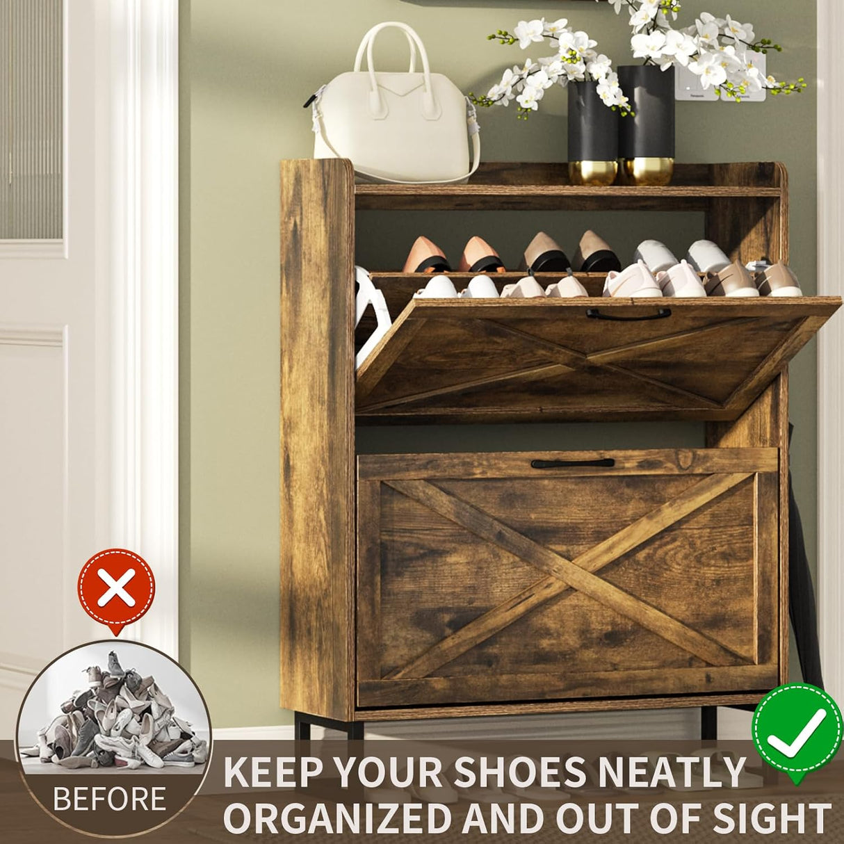 Lumoti Shoe Storage Cabinet with 2 Flip Drawers, Freestanding Shoe Organizer with Metal Legs for Entryway, Narrow Shoe Rack Cabinet, Rustic Brown (Rustic Brown)