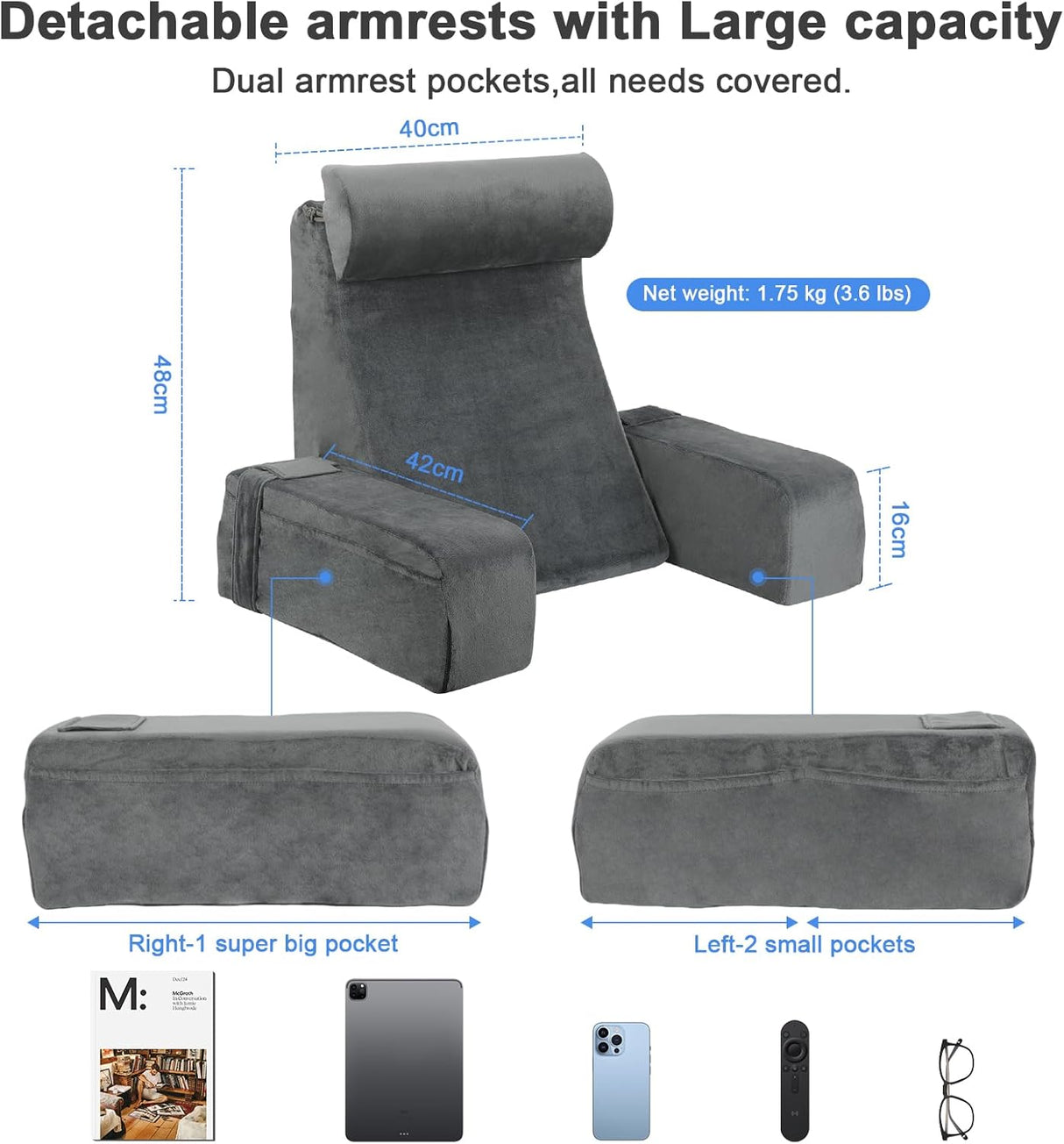 Reading Pillow,Back Pillow for Bed Sitting Up,Backrest Support Pillow with Arm and Large Pockets,Bed Chair for Reading,Gaming,Relaxing,Working or Watching TV in Bed&Floor
