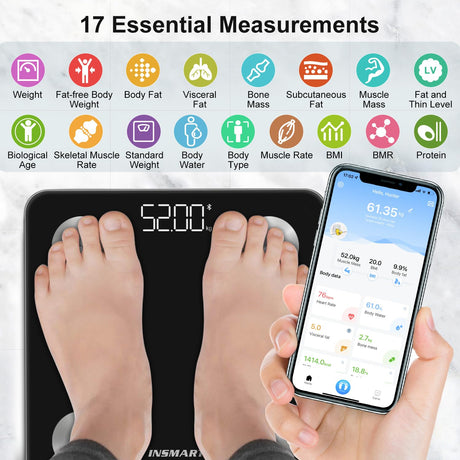 Smart Weight Scale, INSMART Bluetooth Bathroom Scales with BMI Analyze, Digital Body Fat Scale with Smartphone APP, Body Fat Weighing Scale with 17 Body Composition - Black