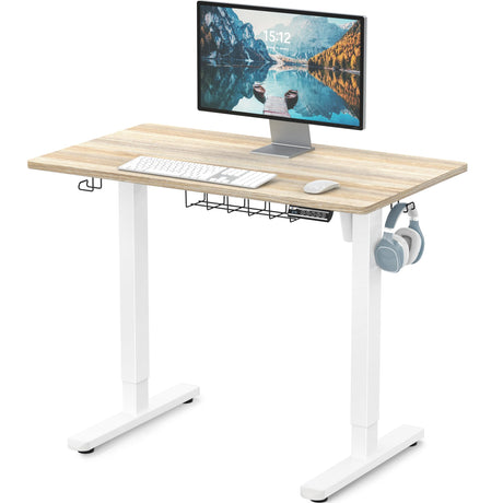 SHW 100 x 55 cm Electric Standing Desk, Whole Piece Desktop Height Adjustable Sit to Stand Desk with Hanging Hooks and Cable Management, White Frame with White Top