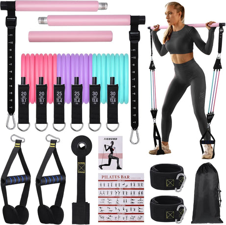 Pilates Bar Kit with 3 Set Resistance Bands, Multifunctional Pilates Workout Equipment for Women Men, Exercise Bands Set for Home Gym Fitness Yoga Strength Training