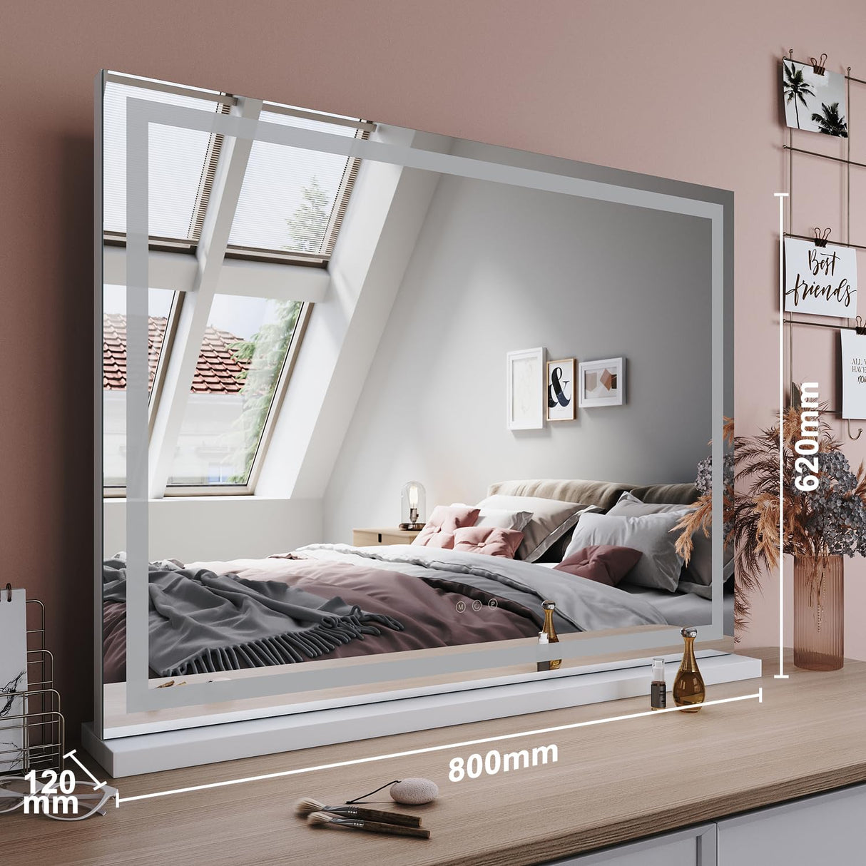 Large Vanity Mirror 3-Color Light Makeup Mirror Hollywood LED Mirror Beauty Cosmetic Dressing Bathroom Decor Dimmable Vanity Mirror Lights with 10X Magnification 80x60cm Hollywood Mirror