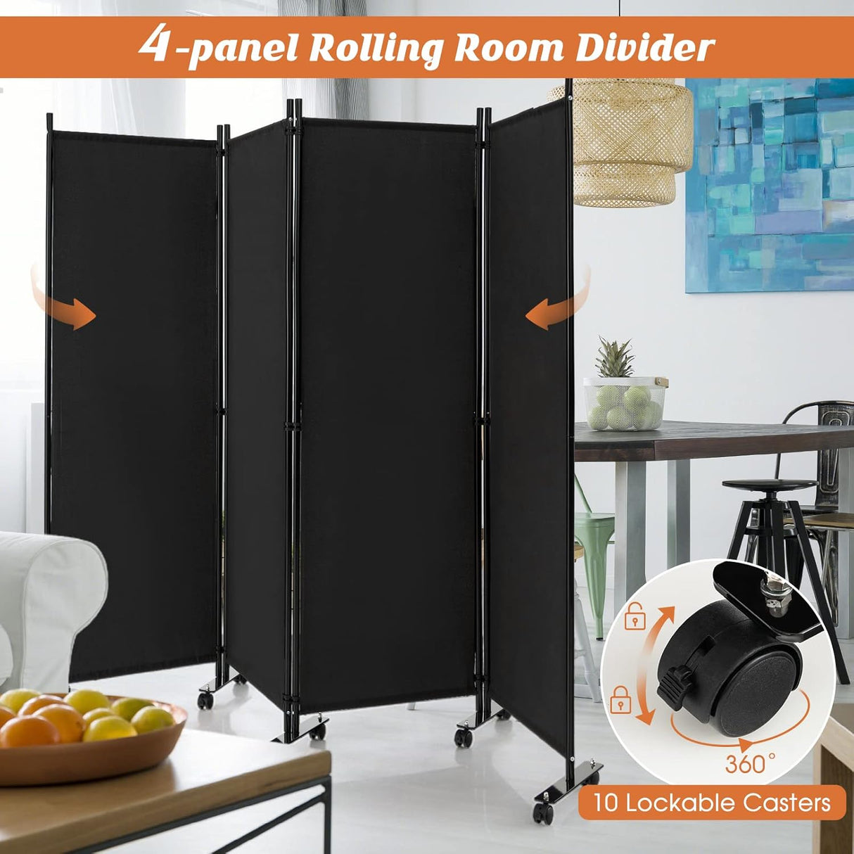 Giantex 4-Panel Folding Room Divider, 1.73m Rolling Privacy Screen with Lockable Wheels, Portable Wall Divider and Separator, Freestanding Privacy Protection for Living Room, Bedroom, Office (Black)