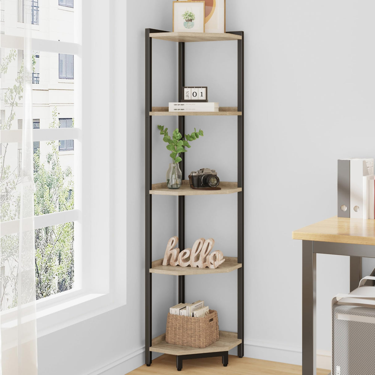 Hzuaneri Corner Shelf Stand, Corner Bookshelf, Storage Standing Shelf Unit with Metal Frame, Plant Stand, Corner Bookcase for Living Room, Home Office, Bedroom, Black CS06006B