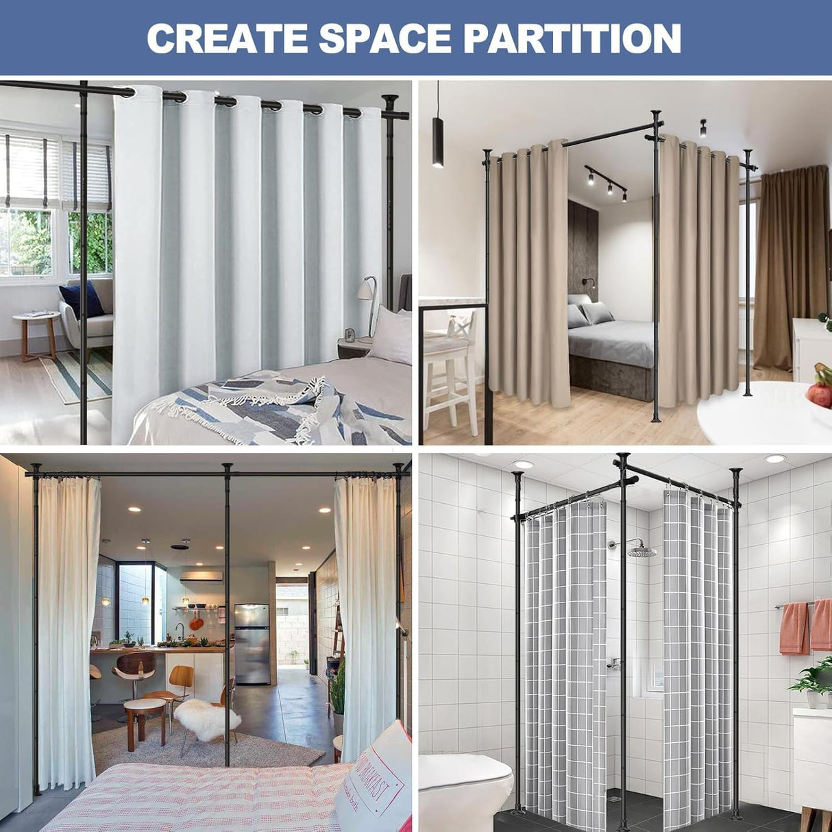 Room Divider No Drilling Curtain Rod Wall Divider for Room Separation, 122-305cm(H) 70-290cm(W) Adjustable, Heavy Duty Partition Space Separator Freestanding Tension Curtain Standr, Black