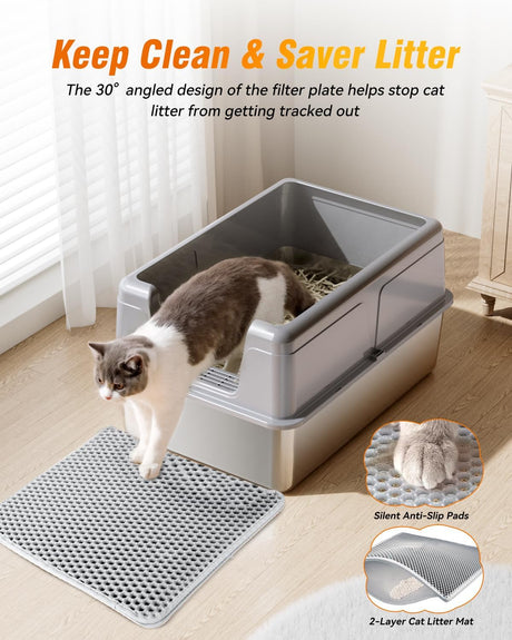 LOVELEDI Cat Litter Box - Stainless Steel Cat Litter Box, Extra Large Cat Little Tray with Lid for Big Cats, XXL Kitty Litter Pan Boxes with High Sides Enclosed, Non-Sticky, 61L x 40.6W x 30.5H CM