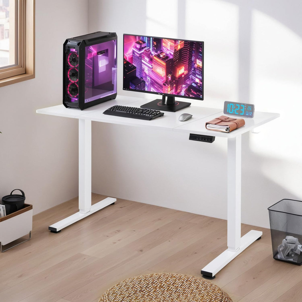 Yodolla Electric Standing Desk, 120x60cm Height Adjustable Sit Stand Desk with Memory Function, Ergonomic Computer Desk for Home Office, Gaming Desk, Study Table with Hooks, White Frame Desktop