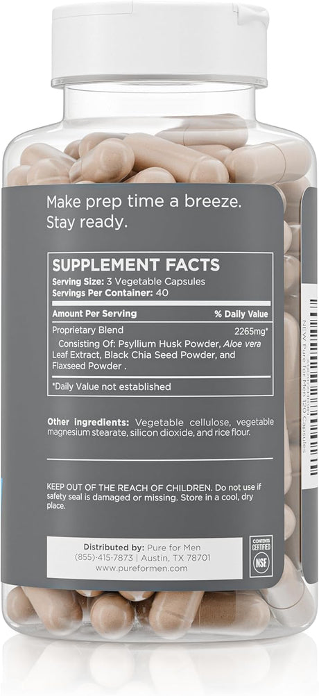 Pure for Men Original Cleanliness Stay Ready Fiber Supplement, 120 Vegan Capsules, Helps Promote Digestive Regularity. Psyllium Husk, Chia Seeds, Oat Fibre, Proprietary Formula