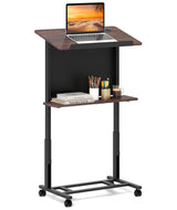 Rolling Podium Stand, 103-125cm Height Adjustable Lectern Table with Tilted Tabletop & Edge Stopper, Mobile Pulpit with Storage Shelf for Classroom, Office, Churches, Walnut