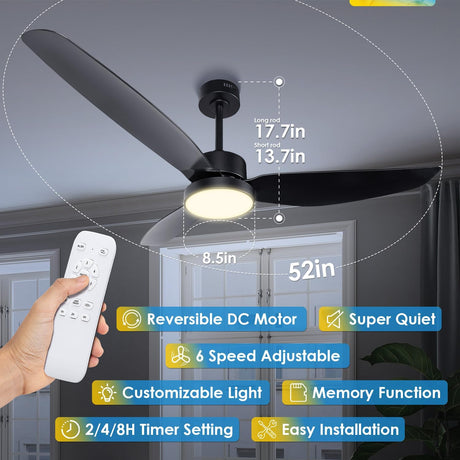 Soilsiu 52 Inch Ceiling Fan with Light and Remote, Flush Mount Quiet Ceiling Fan with Dc Motor, Reversible Blades 6 Speeds 3 Colors Dimmable LED Ceiling Fan light for Living Room (220V-240V, 50Hz)