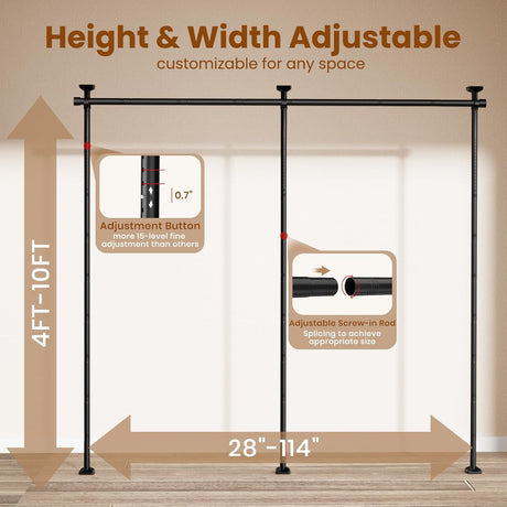 Bonpally Room Divider Curtain Rod, No Drilling Tension Rod for Room Separation, 4-10ft(H) 28-114inch(W) Adjustable Heavy Duty Floor to Ceiling Wall Divider Room Partition Privacy Separator, Black