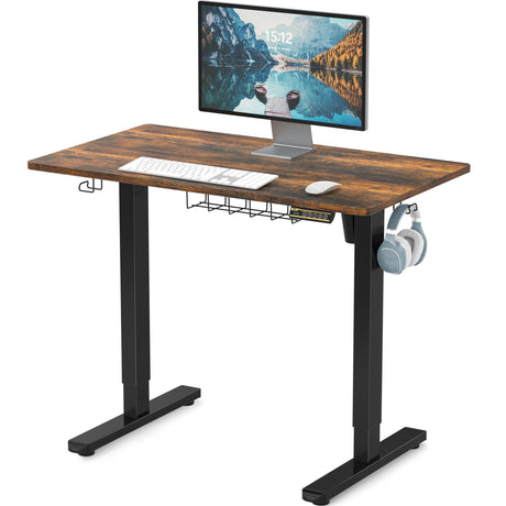 SHW 100 x 55 cm Electric Standing Desk, Whole Piece Desktop Height Adjustable Sit to Stand Desk with Hanging Hooks and Cable Management, White Frame with White Top