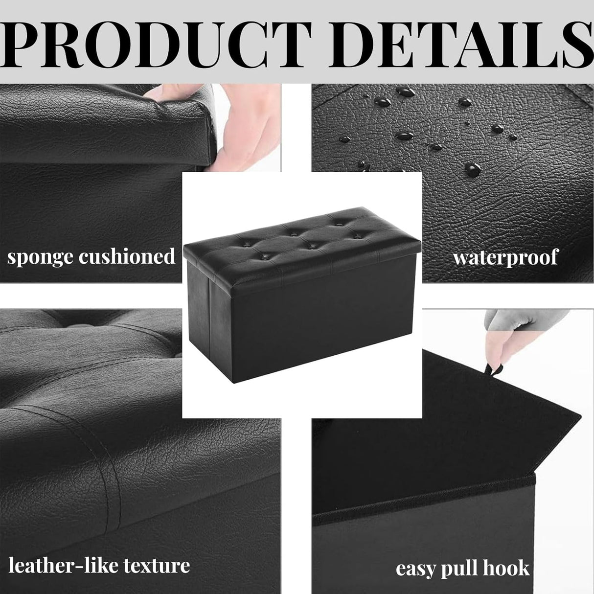 Folding Storage Ottoman Bench, Footrest Couch for Living Room, Storage Bench with Padded Seat for Bedroom Hallway (Black 1, 76 x 38 x 38 cm Leather)