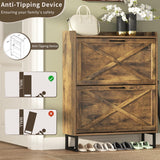 Lumoti Shoe Storage Cabinet with 2 Flip Drawers, Freestanding Shoe Organizer with Metal Legs for Entryway, Narrow Shoe Rack Cabinet, Rustic Brown (Rustic Brown)