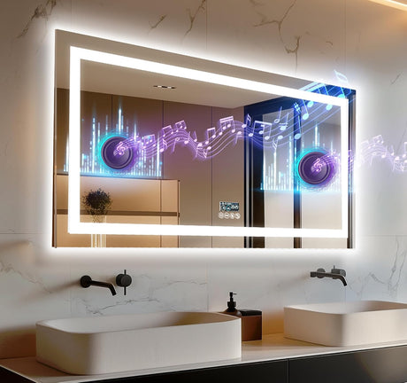 LUVODI Bluetooth LED Bathroom Mirror, 1200 x 600 mm Illuminated Wall Mounted Vanity Mirrors Anti-Fog Vanity Mirror Backlit and Front Light, Dimmable 3 Colors, Anti-Fog, Horizontal