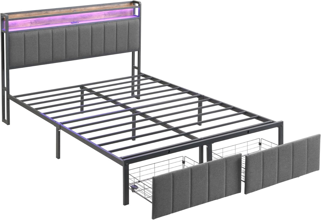 Queen Bed Frame with Storage, Upholstered Bed Frame with LED Lights Headboard and 2 Drawers, Charging Station, Noise-Free, No Box Spring Needed, Easy Assembly, Grey
