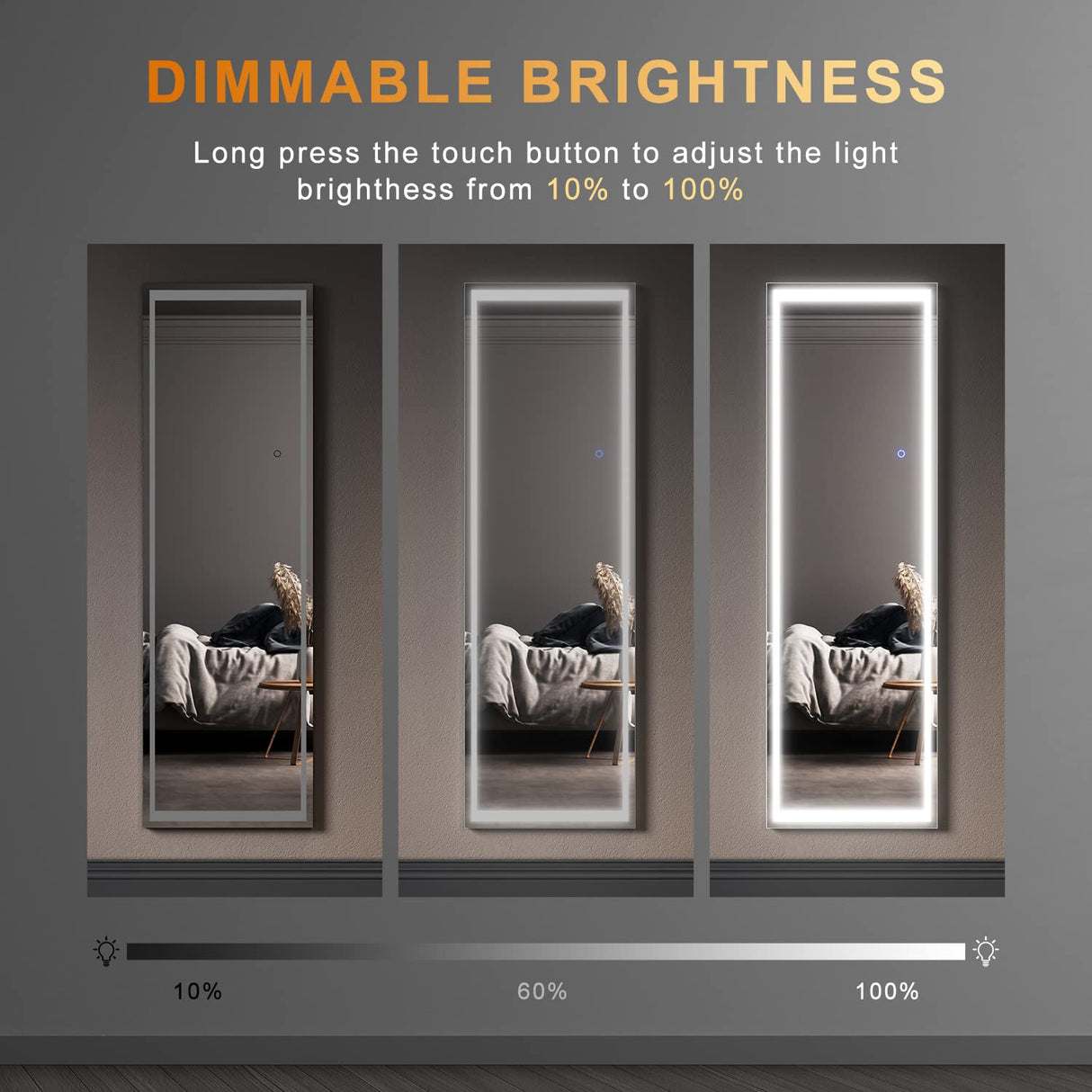 LED Full Length Mirror, 160 x 50 cm Floor Mirror with Lights, Wall Mounted Lighted Mirror, Free Standing Mirror, Dressing Body Mirror, 3 Color Lighting & Dimmable Brightness