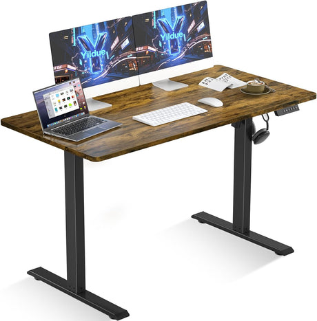 Yildue Electric Standing Desk 120X60CM,Height Adjustable Standing Compute Desk with Splice Board,3 Memory Height Settings Ergonomic Home Office Desk(Rustic Brown)