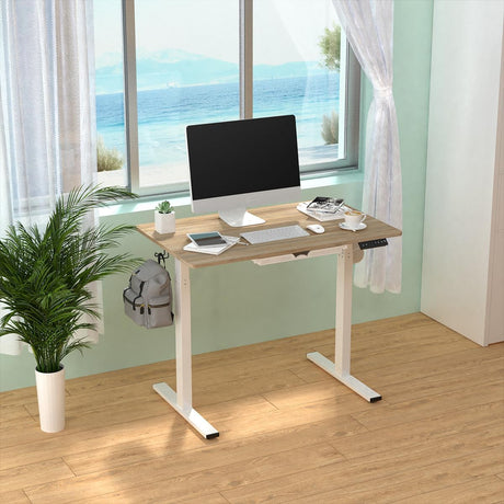 100 x 60cm Electric Standing Desk, Height Adjustable Stand Desk with Drawers,Sit Stand Computer Home Office Desk (Oak Top White Legs)