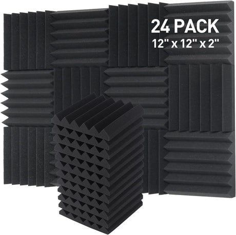 24 Pack Sound Proof Panels, Acoustic Foam Panels 12x12x2 inches Black Acoustic Panels, High Density Soundproofing Panels, Fire-retardant Sound Absorbing Foam for Studio Recording
