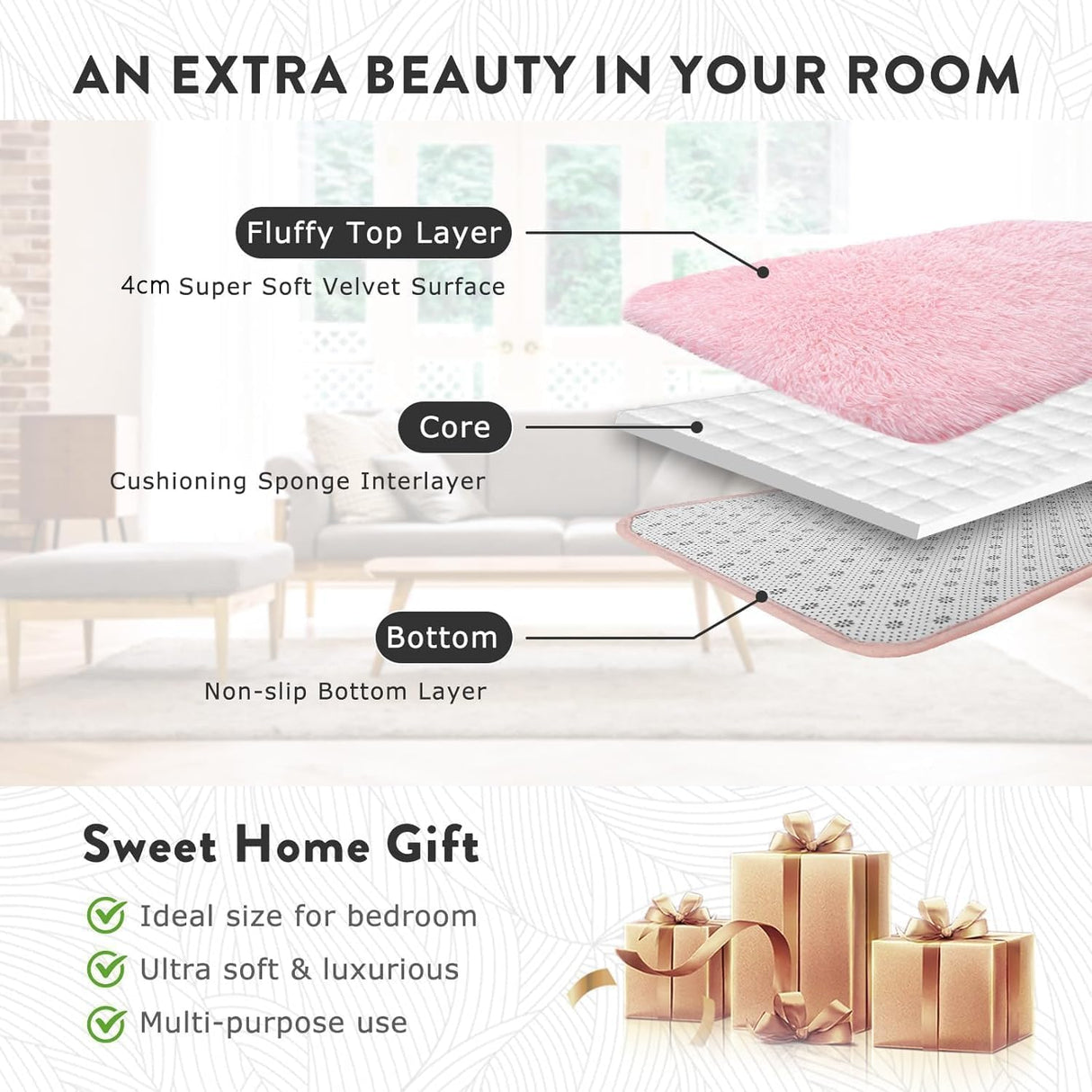 Large Area Rugs for Living Room, Ultra Soft Indoor Modern Fluffy Bedroom Carpets, Washable Furry Throw Rugs Area Carpets for Children Bedroom Home Decor Nursery Rug (Pink, 80 x 160 CM)