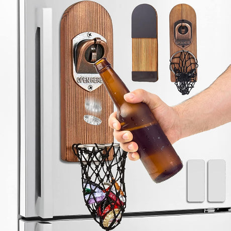 Magnetic Bottle Openers with Netting Catcher, Wall Mounted Wooden Beer Bottle Opener, Traceless Corkscrew, Home Bar Accessories for Kitchen, Outdoor, Ideal Beer Gifts for Men (Style 3)