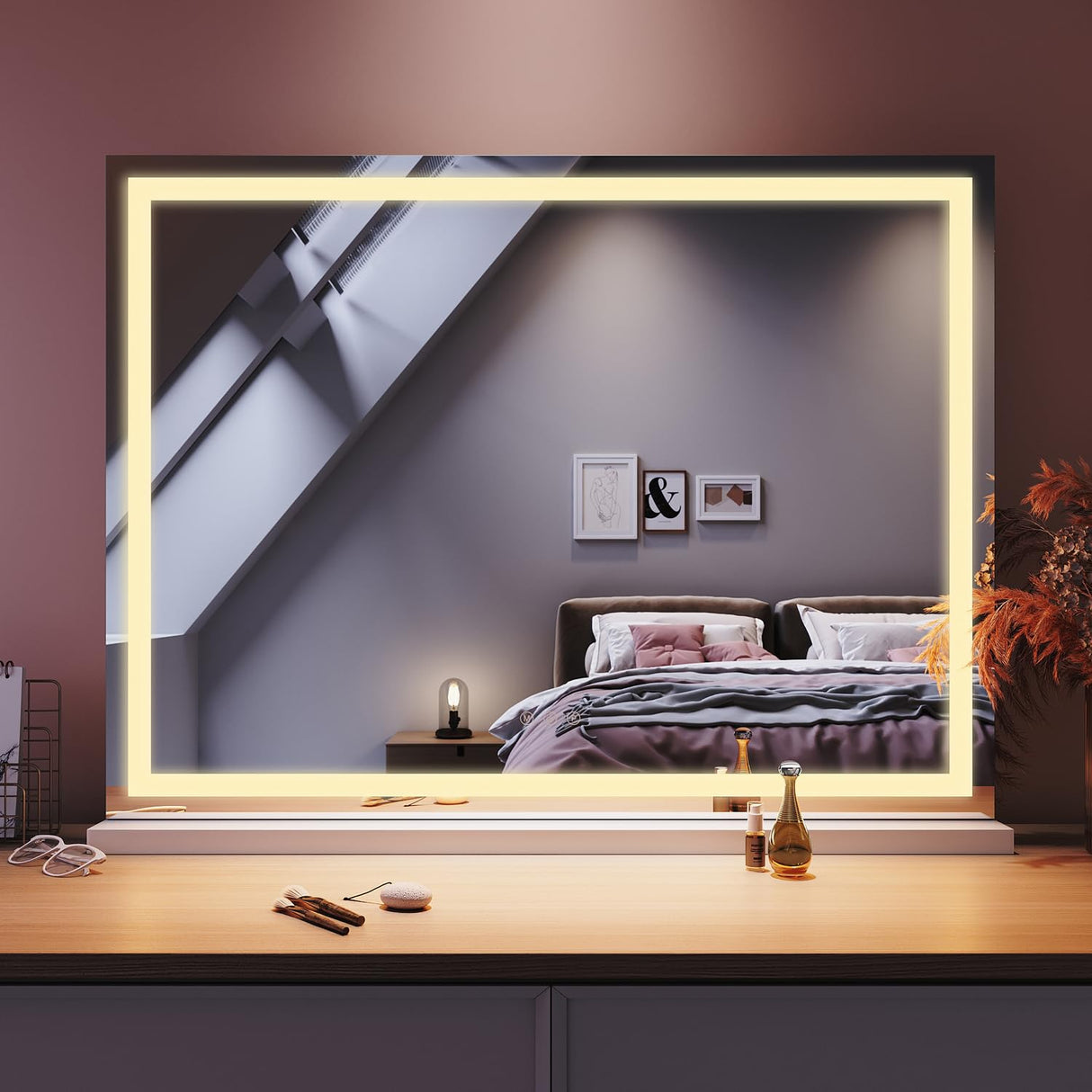 Large Vanity Mirror 3-Color Light Makeup Mirror Hollywood LED Mirror Beauty Cosmetic Dressing Bathroom Decor Dimmable Vanity Mirror Lights with 10X Magnification 80x60cm Hollywood Mirror