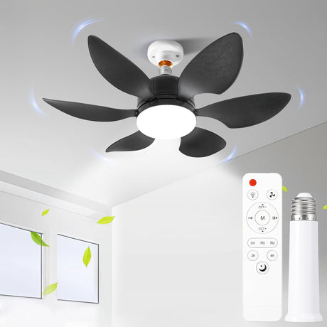 Socket Fan Light with Remote，Small Ceiling Fan with Light, 3 Colors 3500K-6000K, Easy to Install E27 Screw Base, Suitable for Bedroom, Living Room, Kitchen, Black