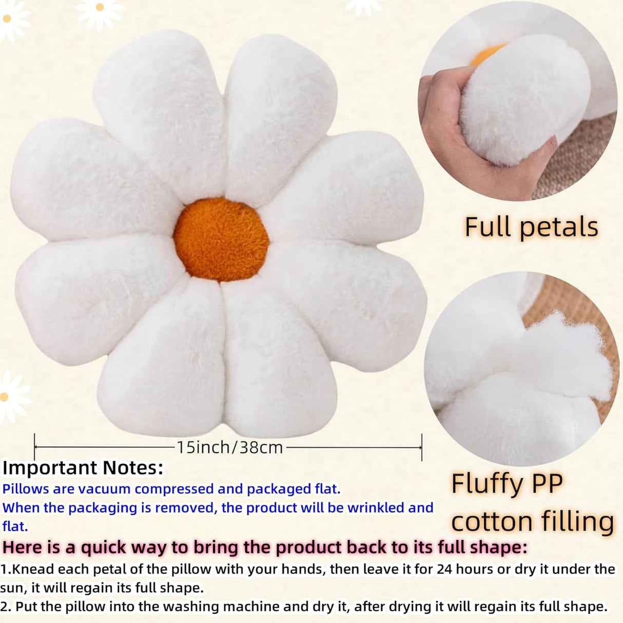 2 Pcs Flower Pillow Floor Cushion Decorative Throw Pillows Cute Aesthetic Pillows Cushions for Bedroom Preppy Room Bed Sofa Chair Decor (Pink & White)